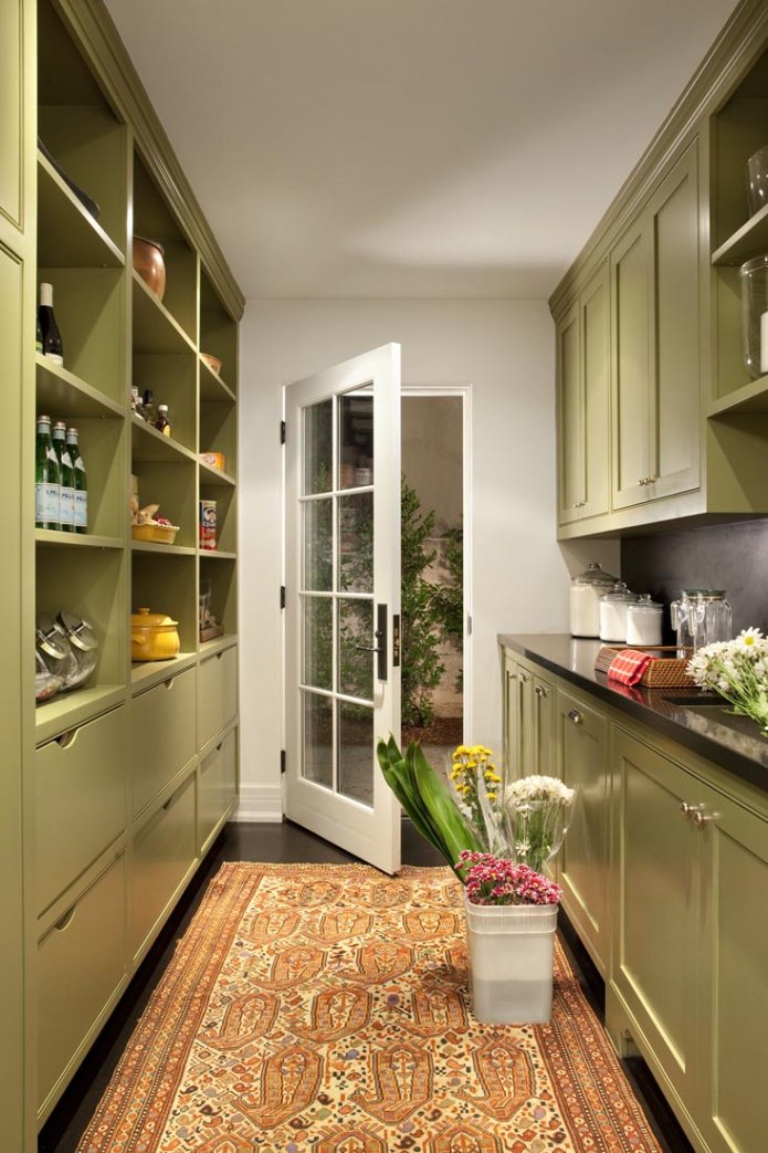 two-row colored kitchen