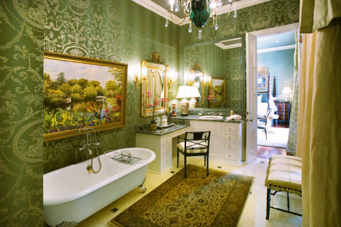 green wallpaper in the bathroom