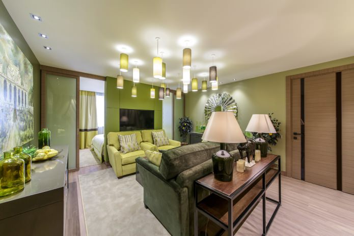 living room in brown and olive tones