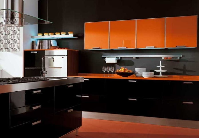 kitchen interior in black and orange tones