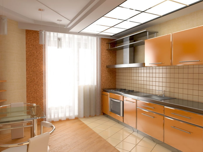 kitchen interior in beige and orange tones