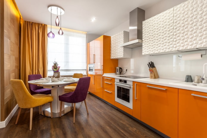 curtains in the kitchen interior in orange tones