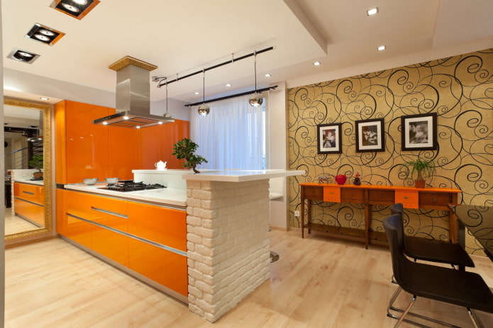 wallpaper in the kitchen interior in orange tones
