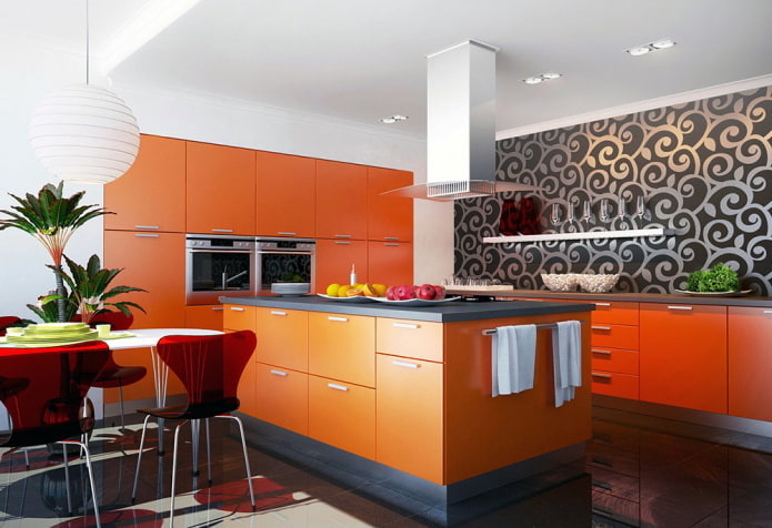 wallpaper in the kitchen interior in orange tones