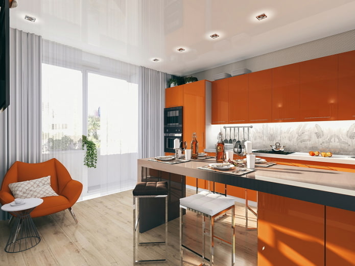 curtains in the kitchen interior in orange tones