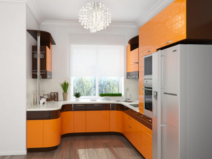 curtains in the kitchen interior in orange tones