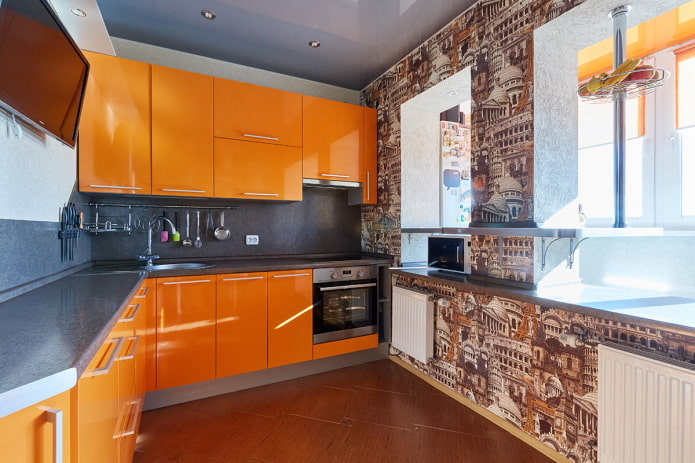 wallpaper in the kitchen interior in orange tones