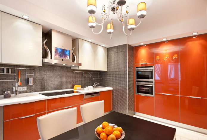 apron in the kitchen interior in orange tones