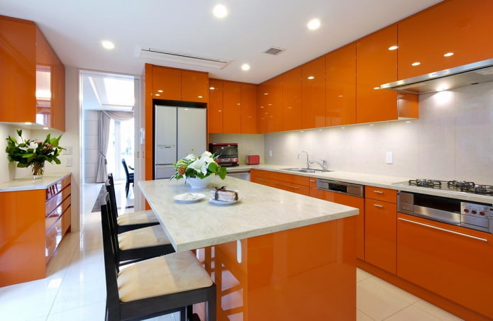 countertop in the kitchen interior in orange tones