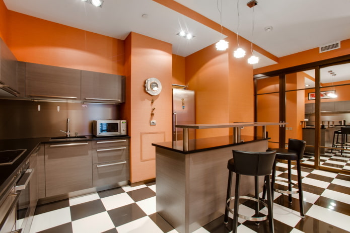 kitchen interior in orange and brown tones