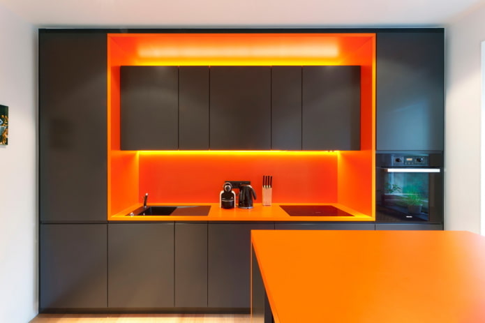kitchen interior in black and orange tones