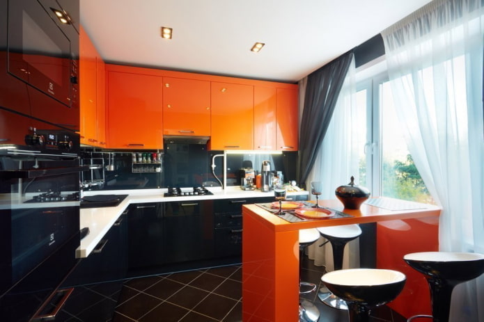 curtains in the kitchen interior in orange tones