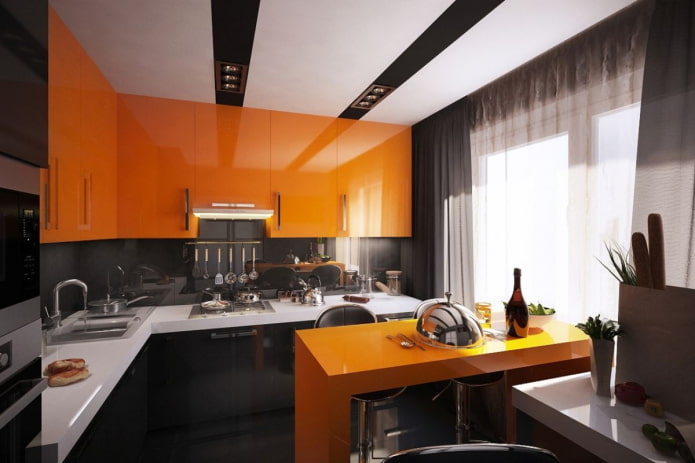 corner kitchen in orange tones