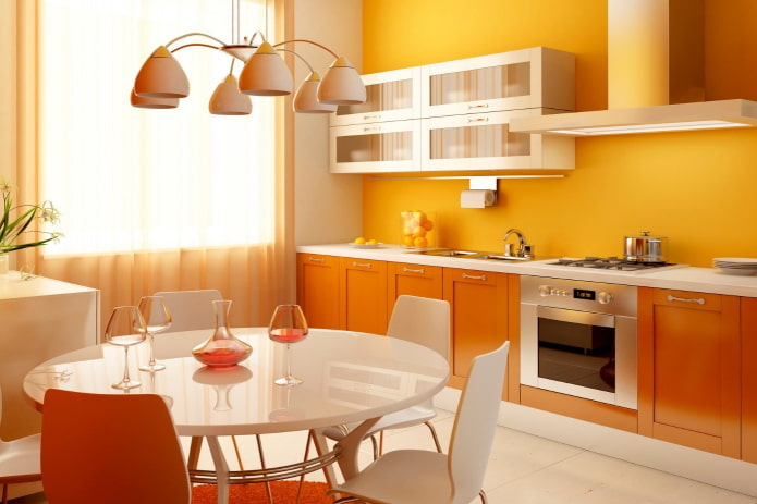 wallpaper in the kitchen interior in orange tones