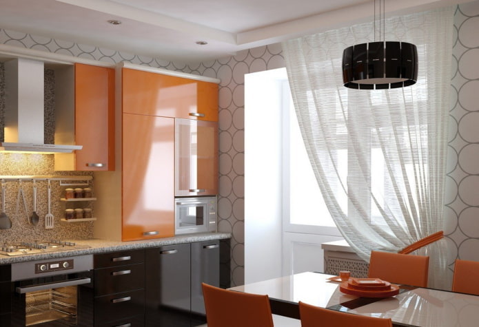 wallpaper in the kitchen interior in orange tones