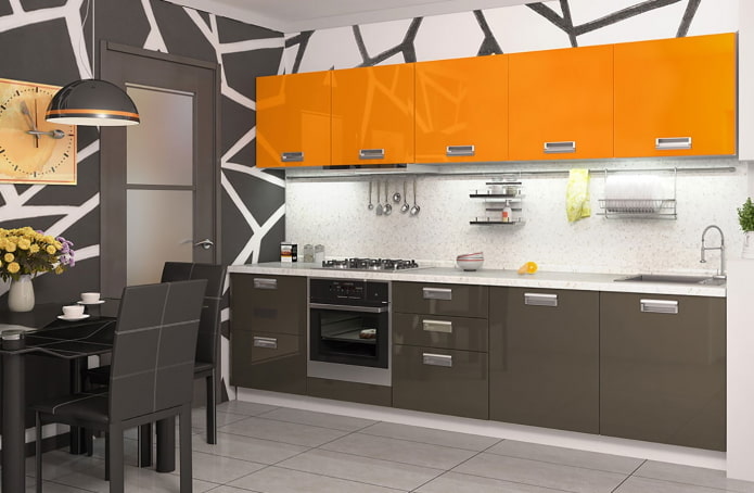 wallpaper in the kitchen interior in orange tones