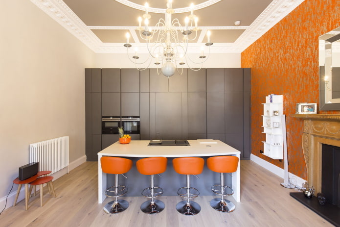 wallpaper in the kitchen interior in orange tones