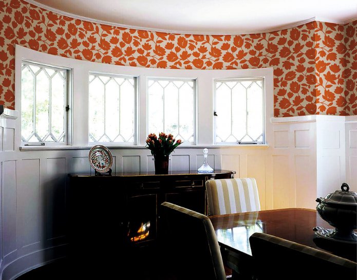 white wooden panels and wallpaper with a red plant print