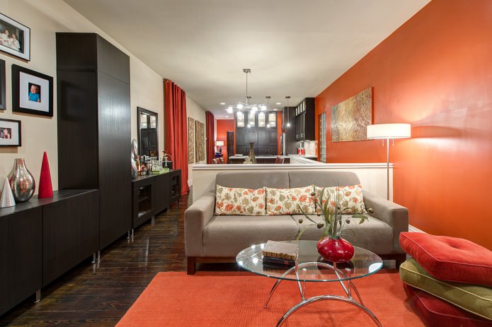 Modern style in the living room with an orange wall