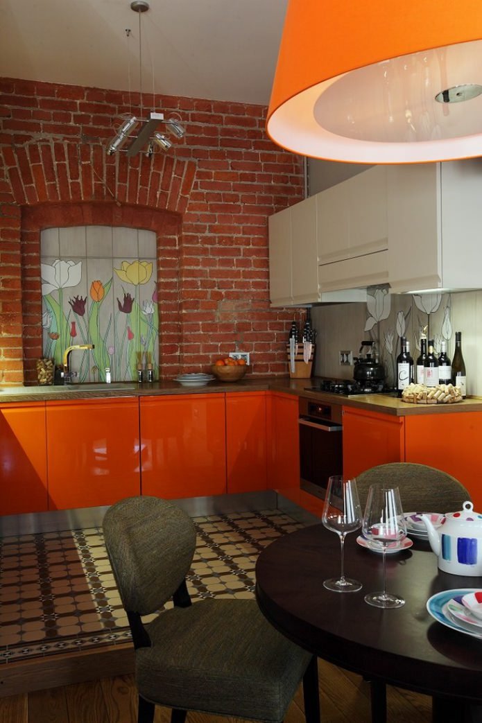 loft kitchen interior with orange furniture