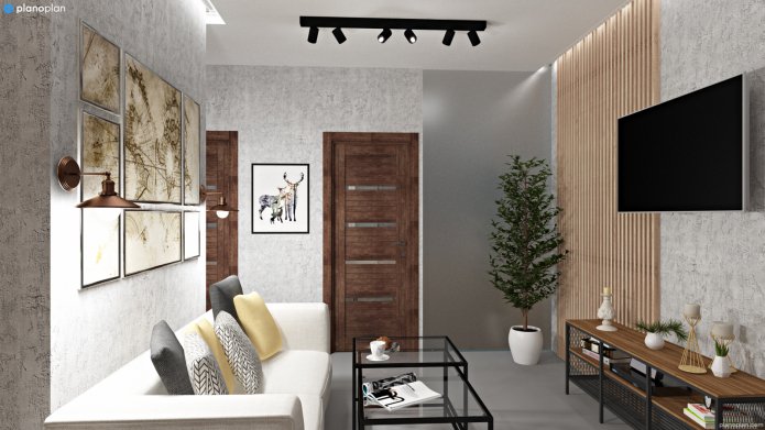 living room with a narrow corridor
