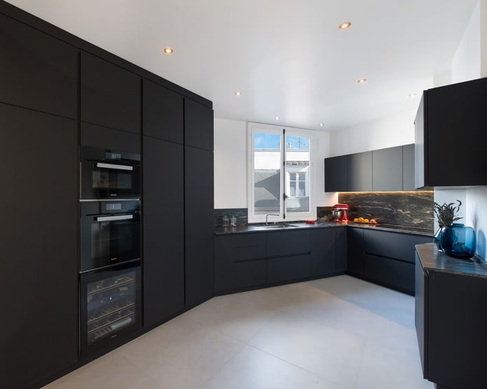 kitchen design with black furniture in minimalist style