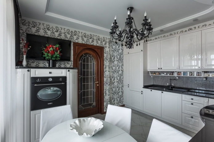 lighting of a stretch ceiling in the interior of a small kitchen