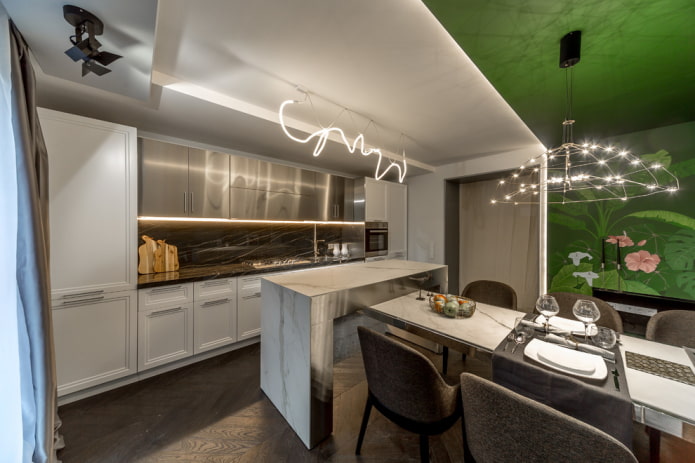 stretch ceiling with zonal lighting in the kitchen