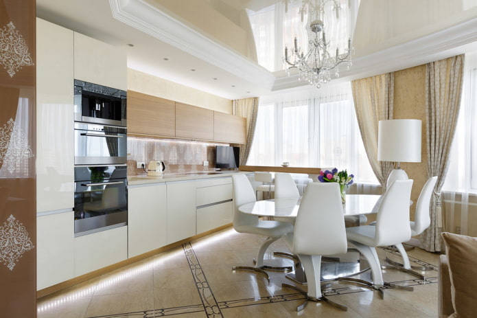 stretch ceiling with zonal lighting in the kitchen