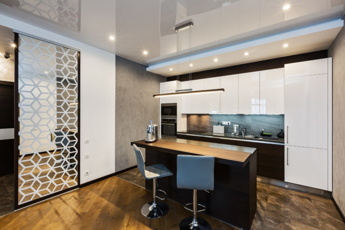 stretch ceiling with zonal lighting in the kitchen