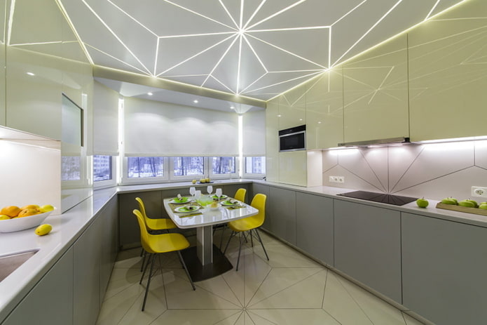 stretch ceiling with backlighting in the kitchen interior