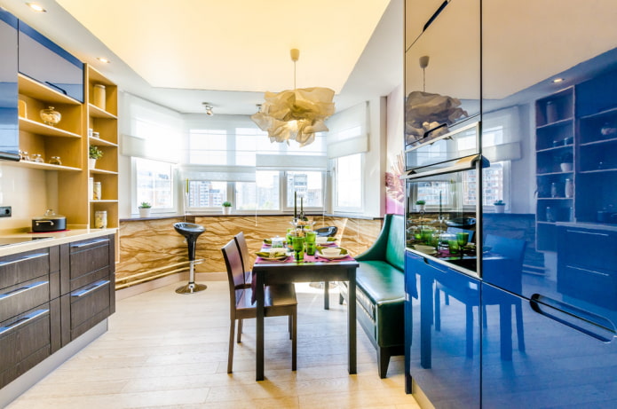 stretch ceiling with backlighting in the kitchen interior
