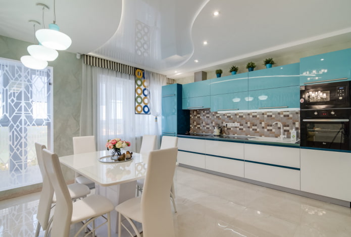 stretch ceiling with zonal lighting in the kitchen