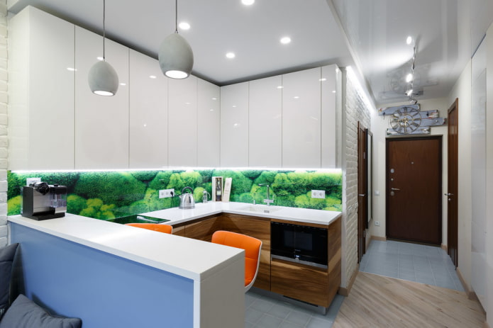 lighting of a stretch ceiling in the interior of a small kitchen