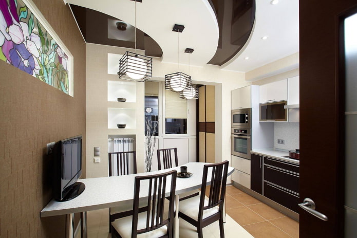 Lighting of a stretch ceiling in the interior of a small kitchen