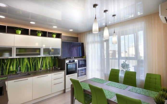 lighting of a stretch ceiling in the interior of a small kitchen