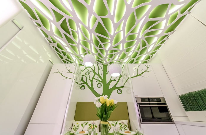 stretch ceiling with backlighting in the kitchen interior