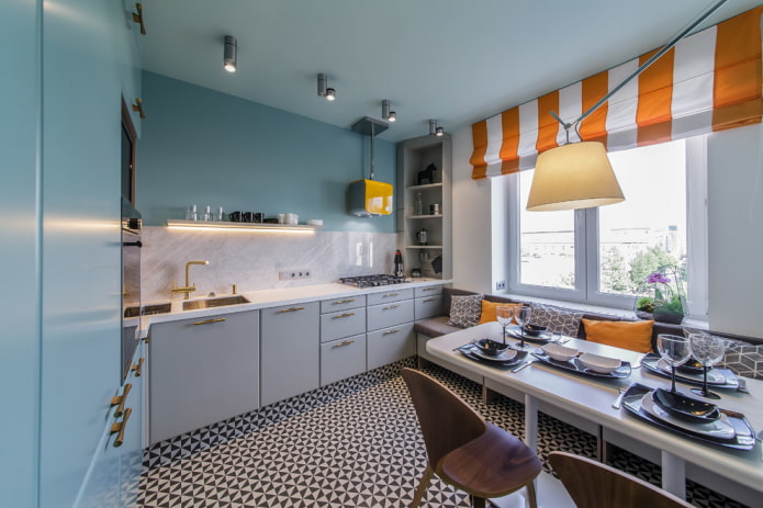 stretch ceiling with spotlights in the kitchen interior