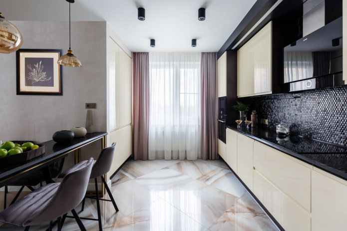 stretch ceiling with spotlights in the kitchen interior