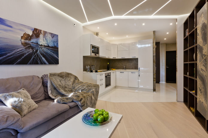 stretch ceiling with zonal lighting in the kitchen