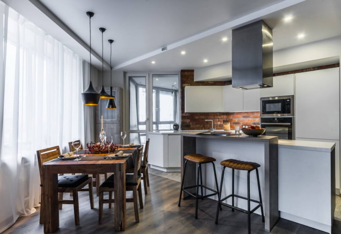 Pendant lights above the table