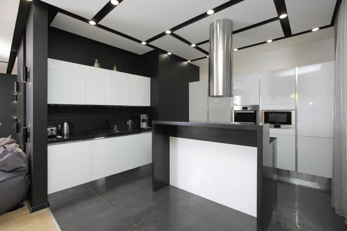 Black and white ceiling with spot lighting