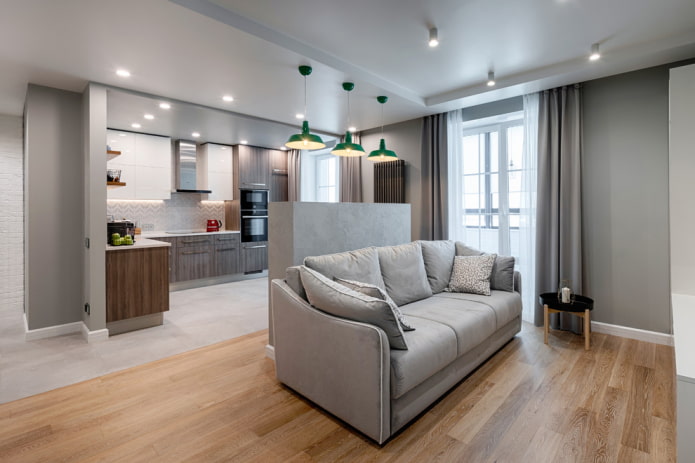 arrangement of lamps in the interior of the kitchen-living room