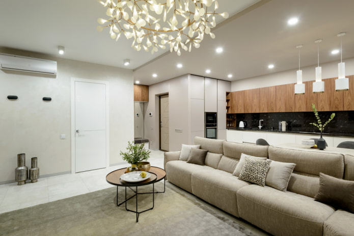 zonal lighting in the interior of the kitchen-living room