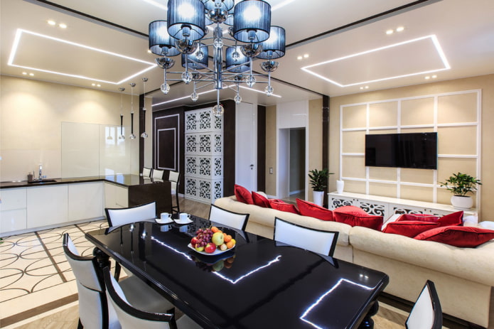 zonal lighting in the interior of the kitchen-living room
