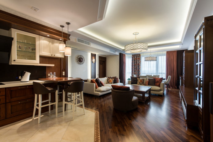 zonal lighting in the interior of the kitchen-living room