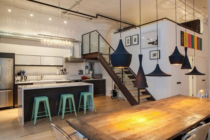 Loft-style pendant lights over the table