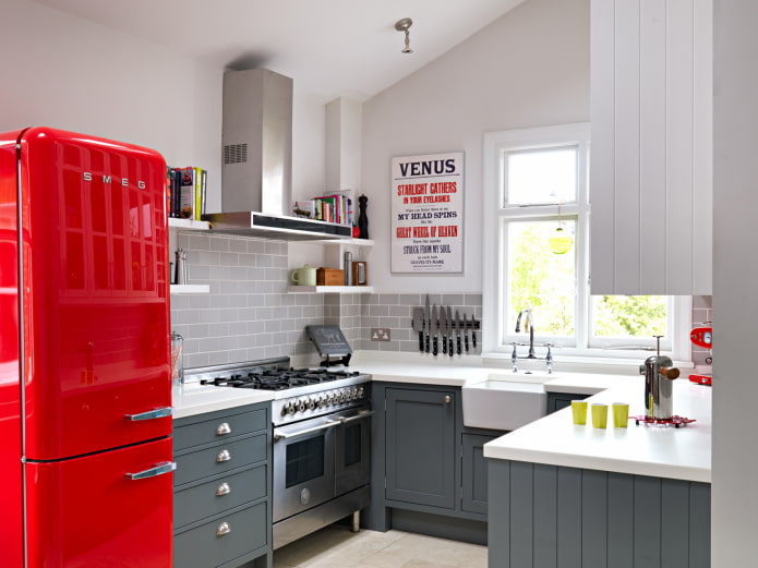 red refrigerator in the kitchen