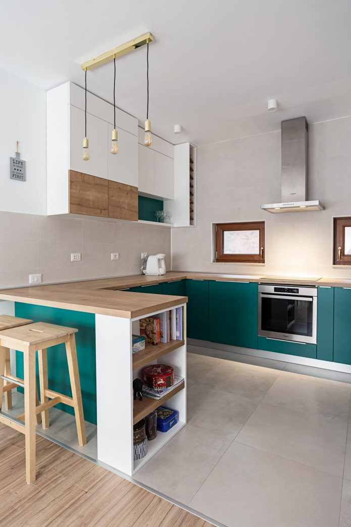colorful p-shaped kitchen