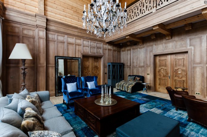 living room with wooden paneling